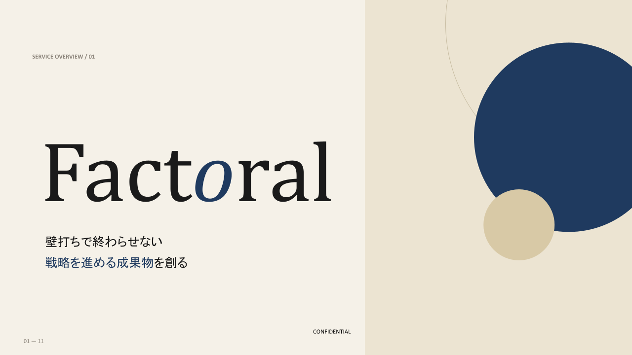 Factoralの表紙。壁打ちで終わらせず、戦略を進める成果物を創るというメッセージ。